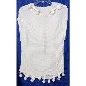 Trina Turk White Sleeveless Hooded Blouse ~ Ribbed ~ Pom Pom Trim ~ Size M